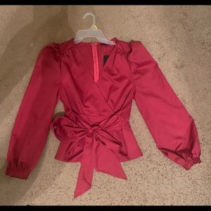 Pink waist tie blouse w/ slightly puffy shoulders